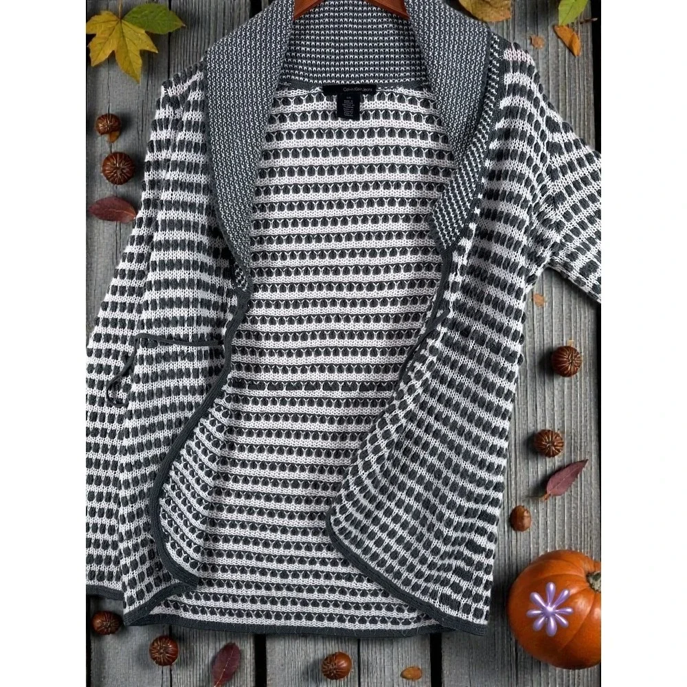 CALVIN KLEIN JEANS Open Knit Shawl Collar Cardigan | Gray & White | W |‎ LARGE